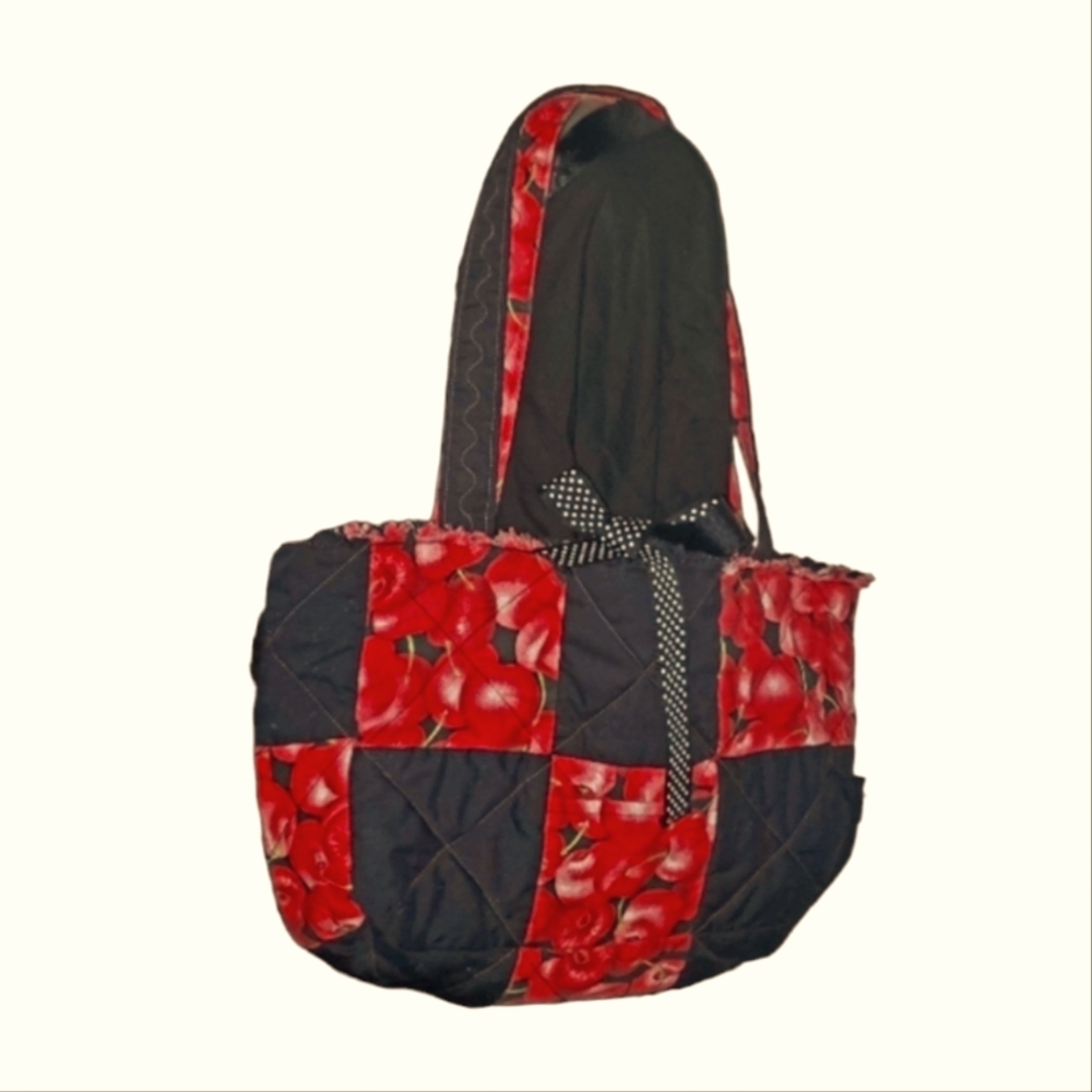 BLACK & RED Handbag Fall Apple Festival Tote Quilted Patchwork Bow Closure New